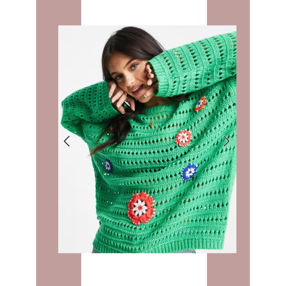NEW! ASOS DESIGN sweater with crochet flowers in green, Sz 4